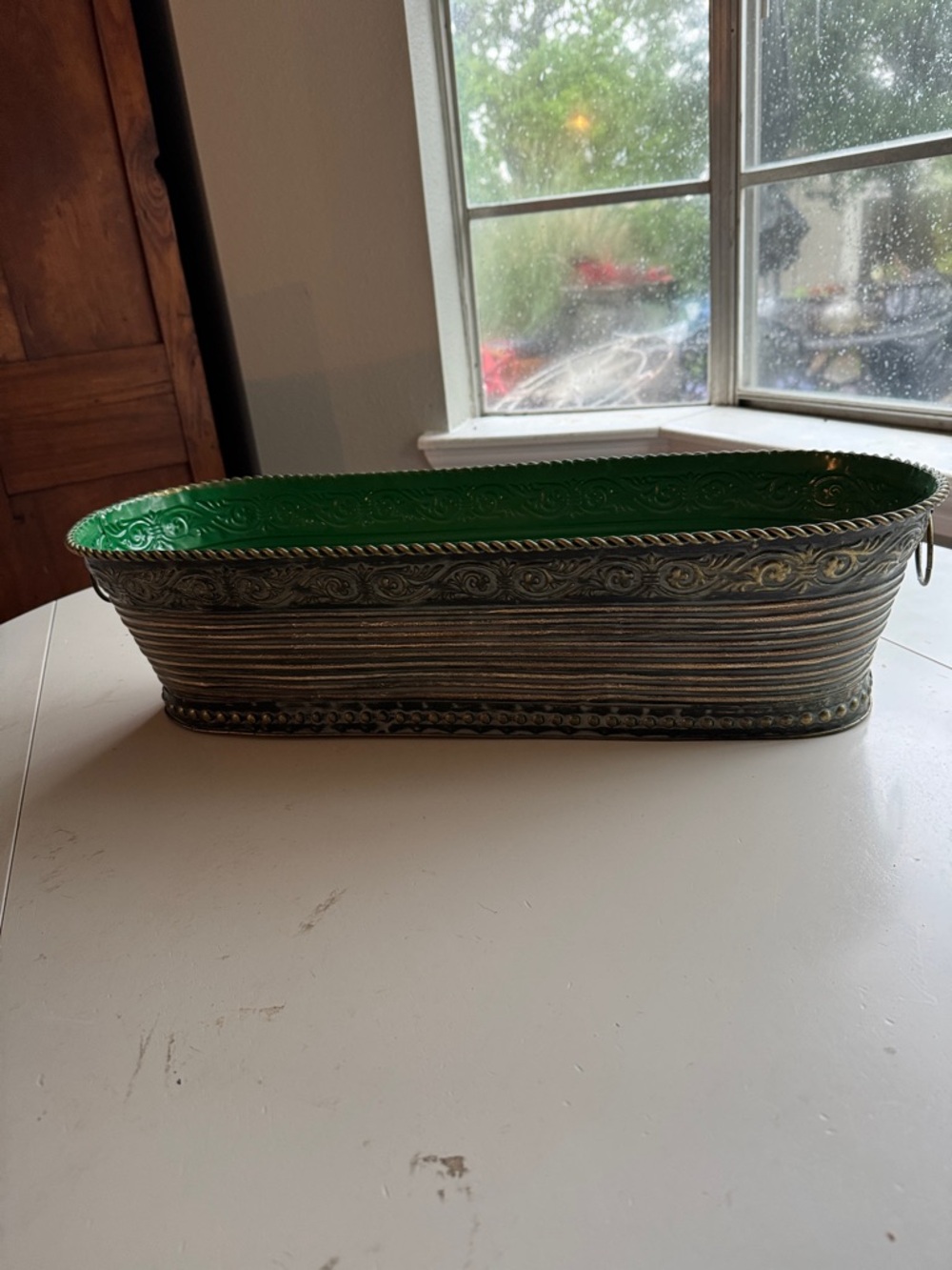 Green and Brass Decorative Long Metal Planter w/ rd ring handles NEW